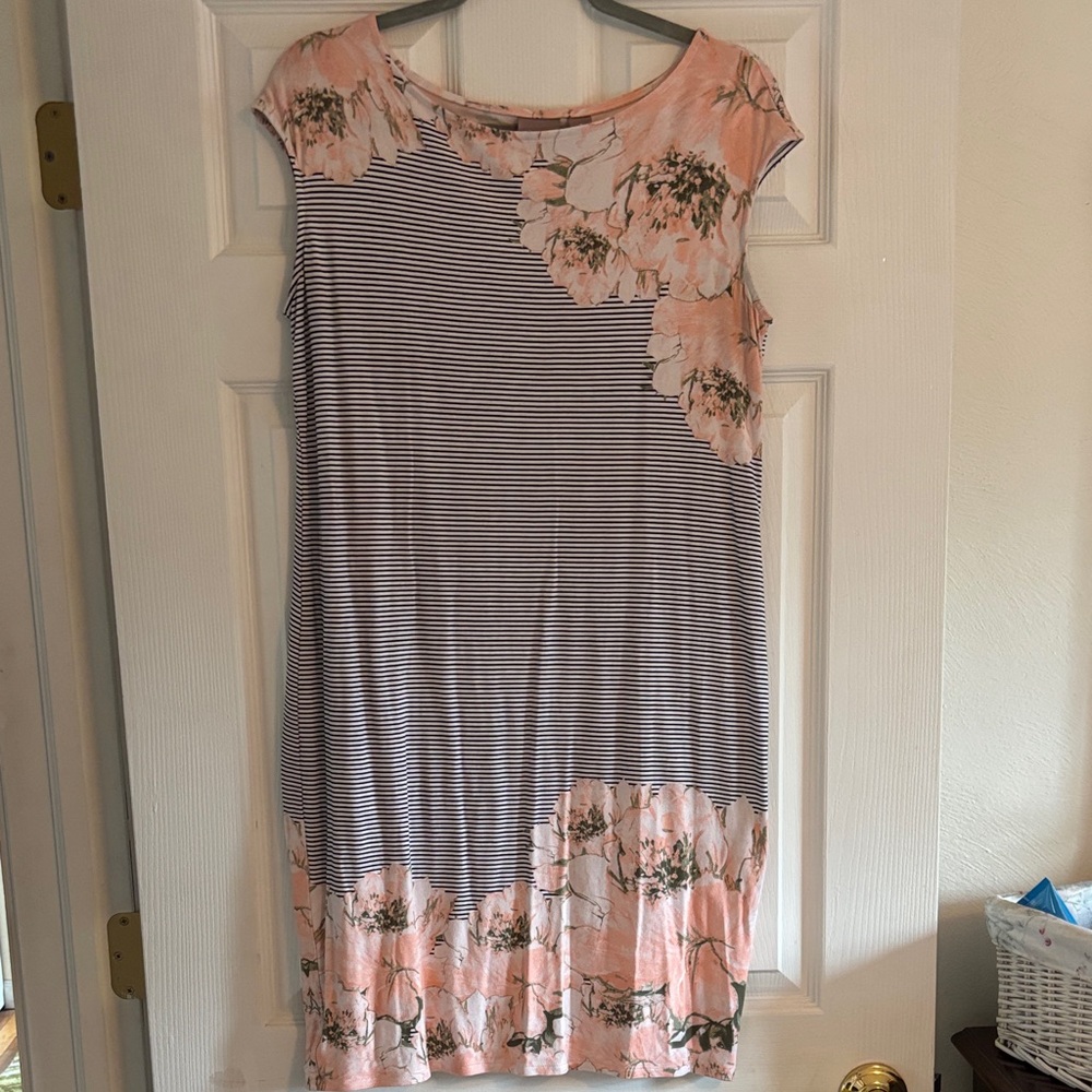 Chico's Pink and White Floral Striped Midi Dress